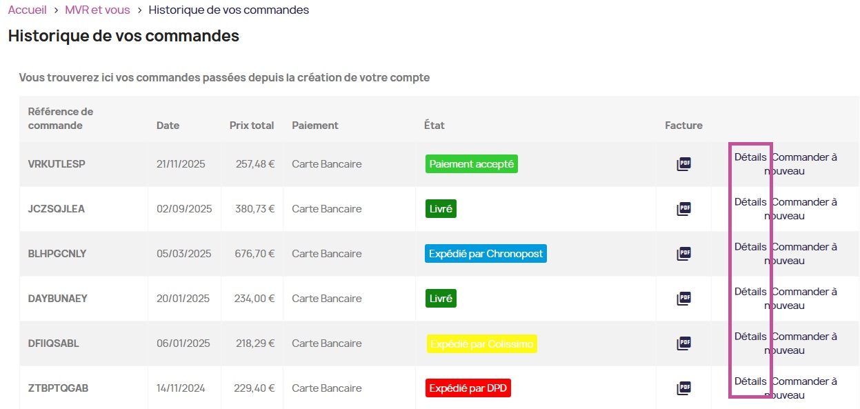Historique des commandes MVR